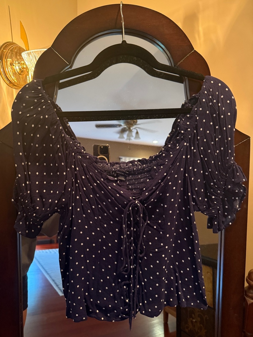 American Eagle Outfitters Navy and White Polka Dot Peasant Blouse